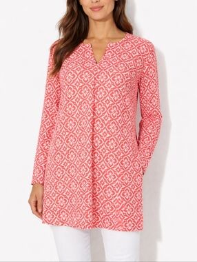 NEW Dolma Womens Tunic Top Medium Red White Geometric 100% Cotton 3/4 Sleeve